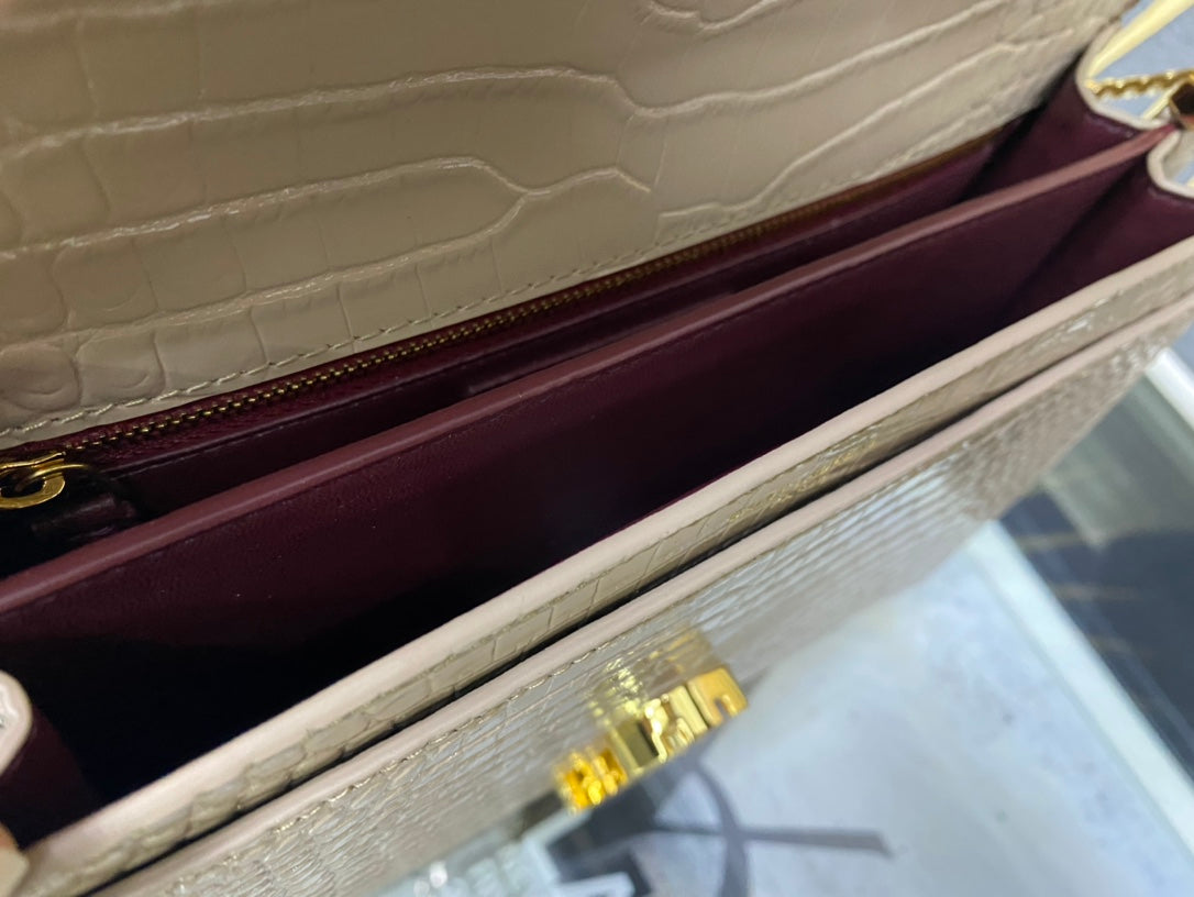 Saint Laurent Cassandre Envelope Chain Wallet - Beige Crocodile-Embossed Leather
