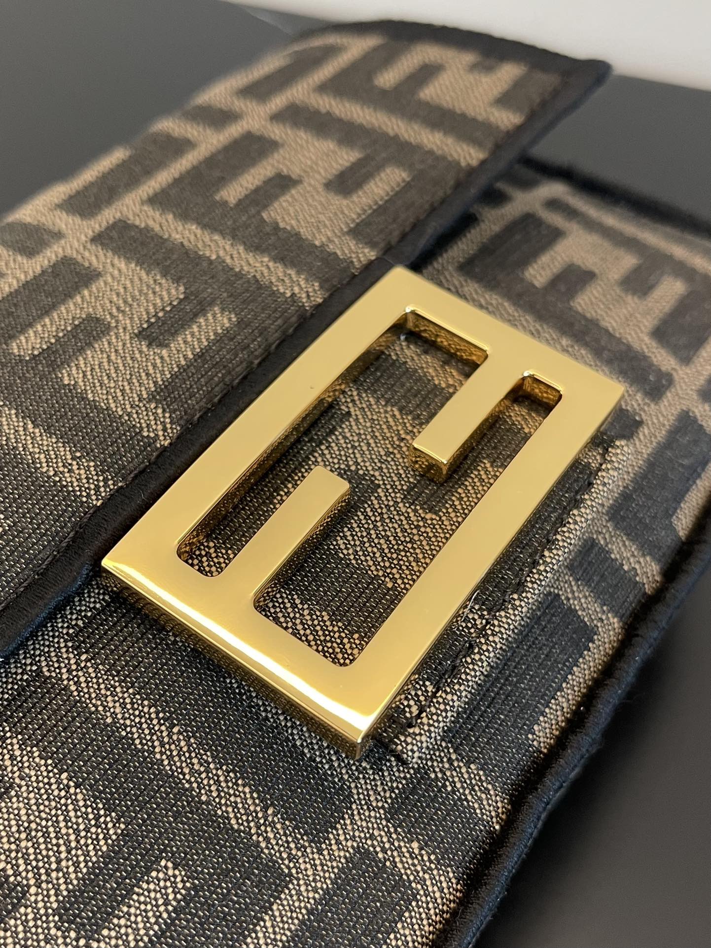 Fendi Baguette Zucca Monogram Canvas Shoulder Bag with Gold-Tone Chain