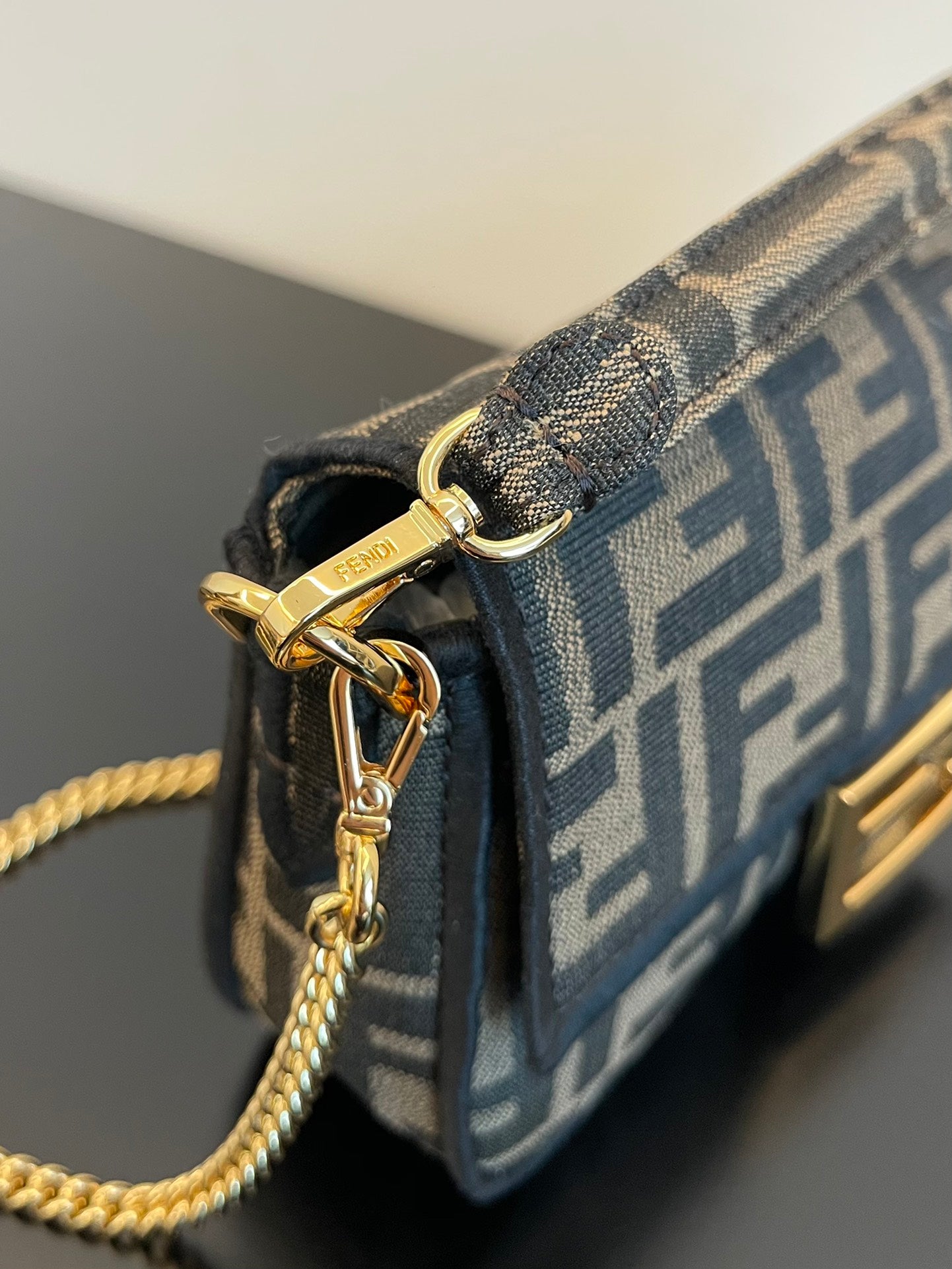 Fendi Monogram Canvas Baguette Bag with Gold-Tone Chain Strap - Navy/Grey