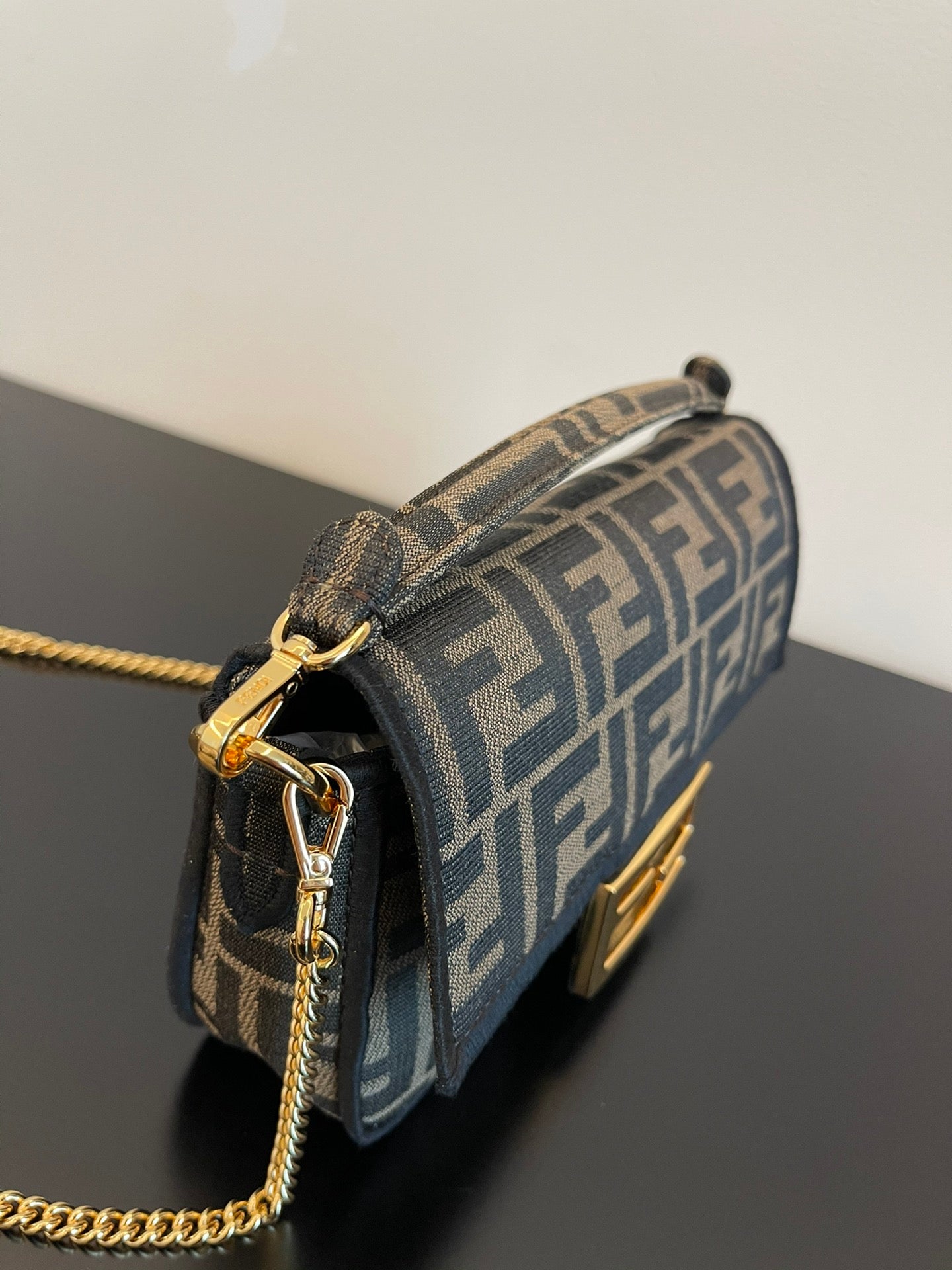 Fendi Monogram Canvas Baguette Bag with Gold-Tone Chain Strap - Navy/Grey