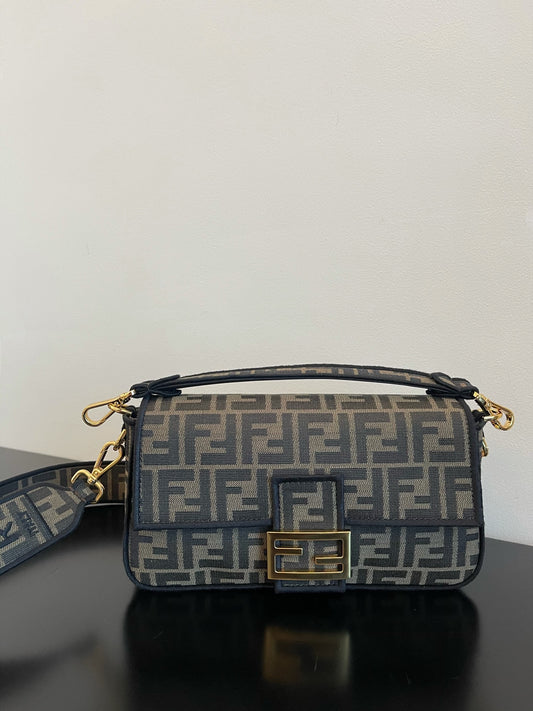 Fendi Baguette Monogram Canvas Shoulder Bag - Grey/Black FF Logo