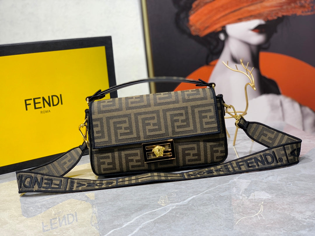 Fendace Fendi x Versace Brown Monogram Baguette Handbag with Medusa Clasp