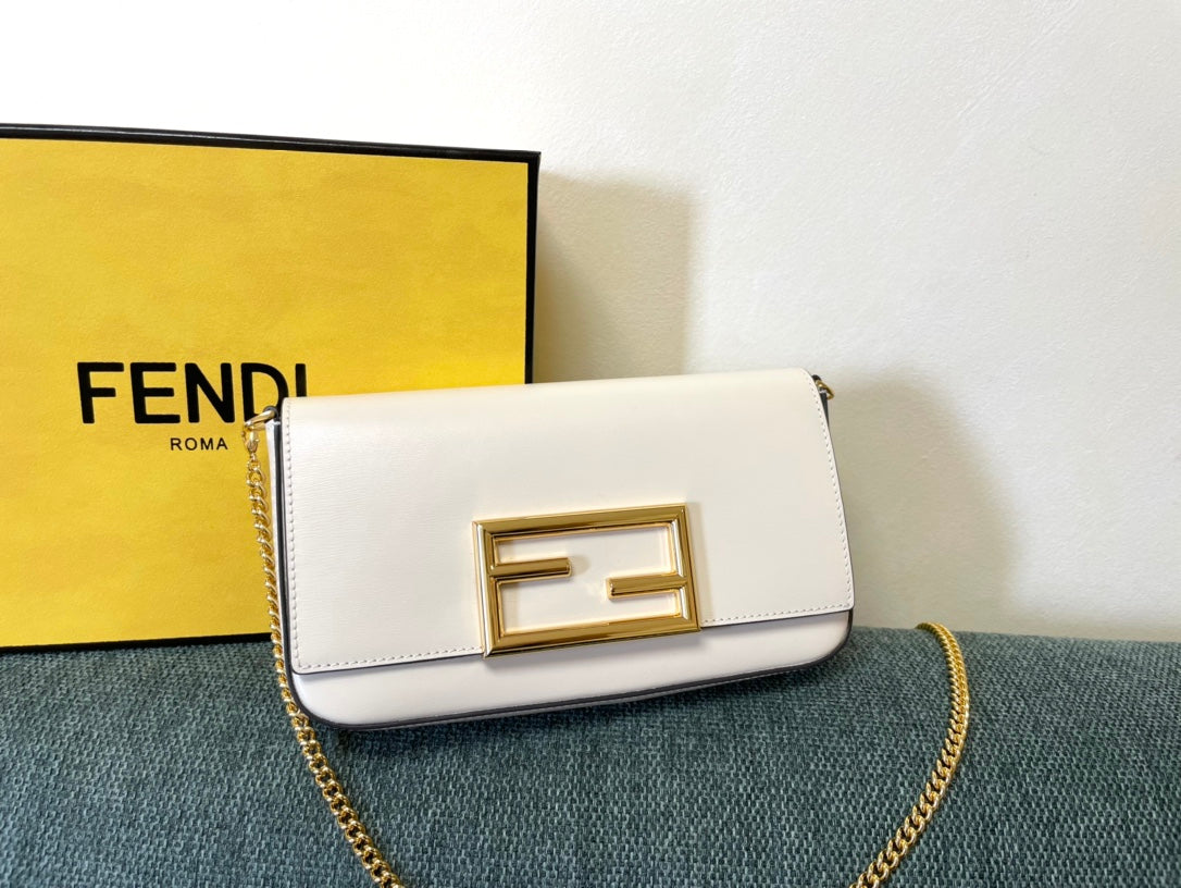 Fendi White Leather Baguette Shoulder Bag with Gold-Tone FF Logo