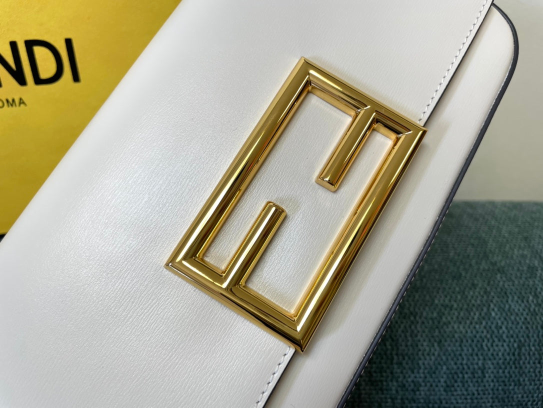 Fendi White Leather Baguette Shoulder Bag with Gold-Tone FF Logo