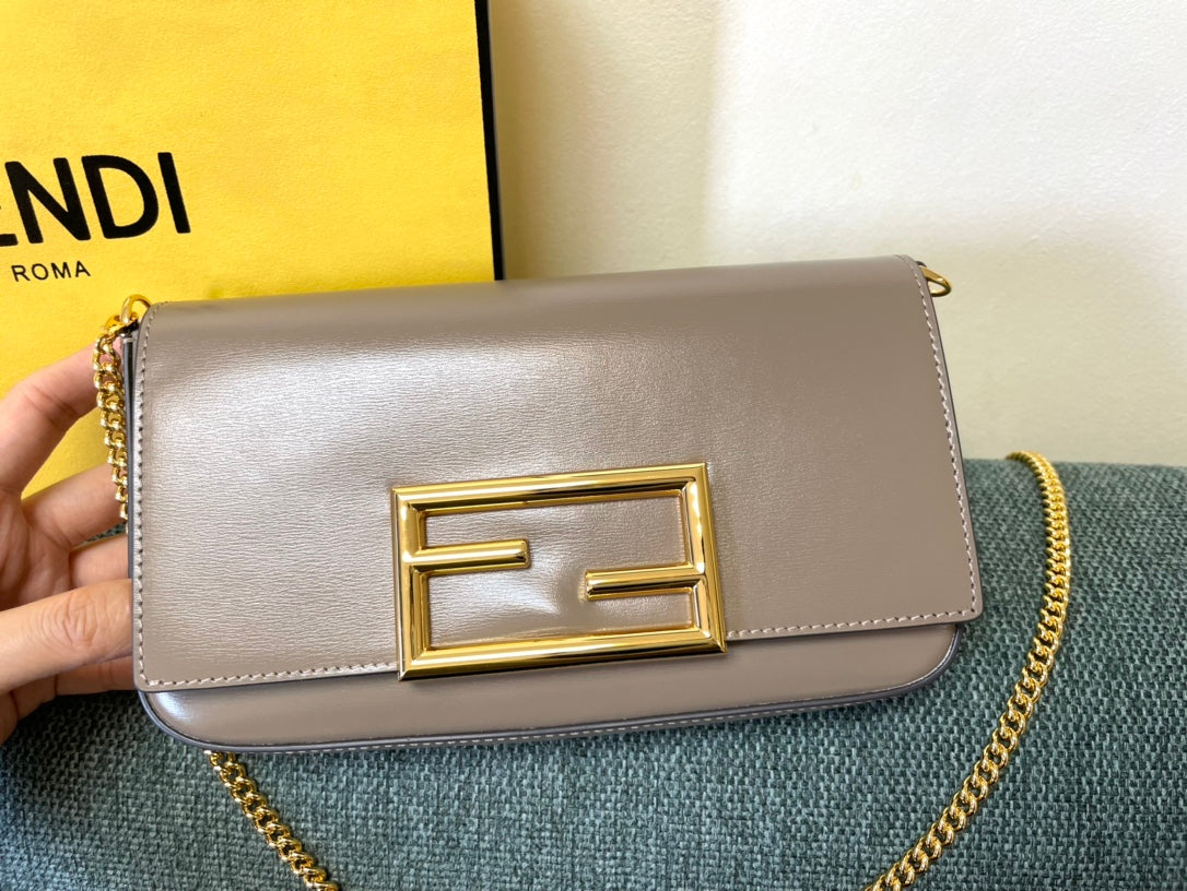 Fendi FF Logo Continental Wallet on Chain - Taupe Leather Crossbody Bag with Pouch