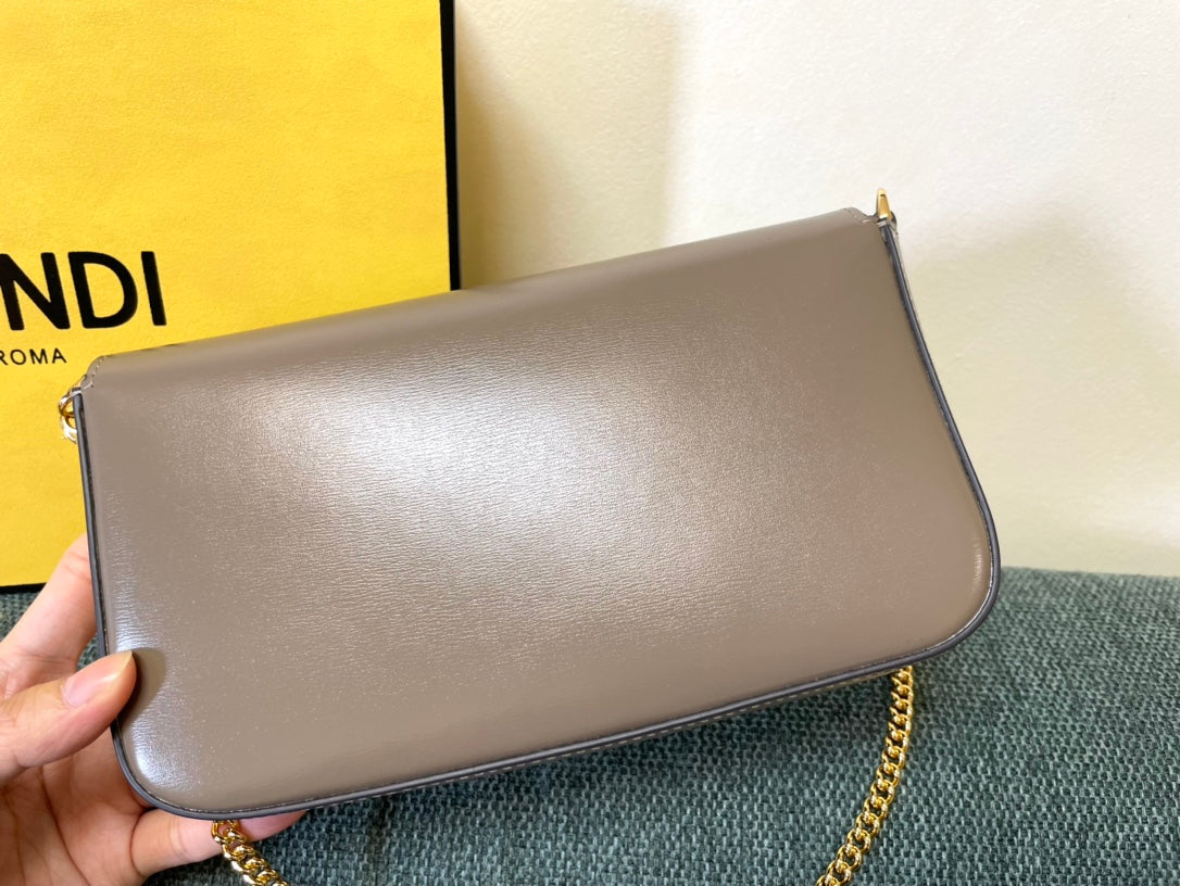 Fendi FF Logo Continental Wallet on Chain - Taupe Leather Crossbody Bag with Pouch