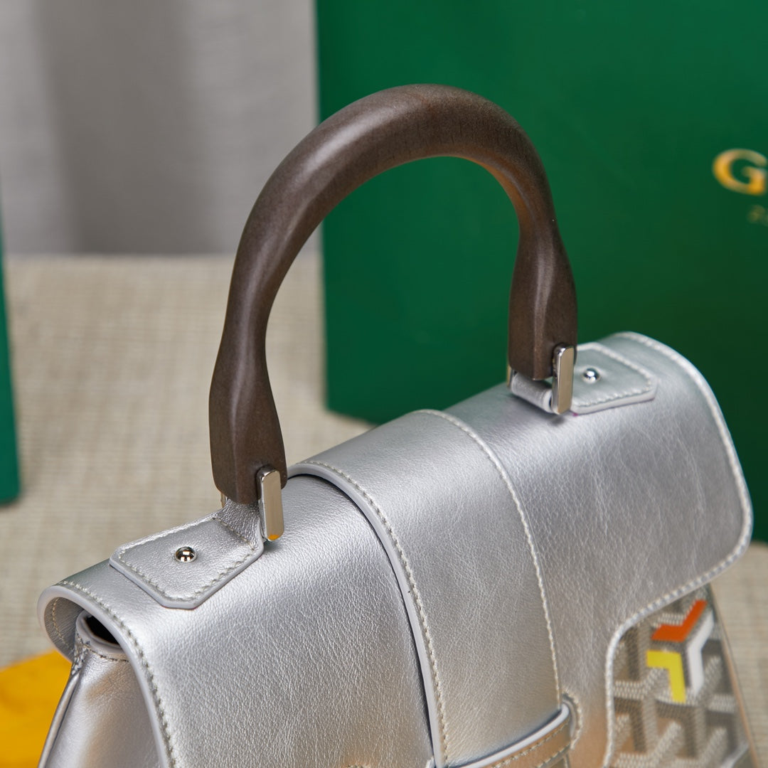 Gogy White Chevron Print Structured Leather Handbag with Top Handle