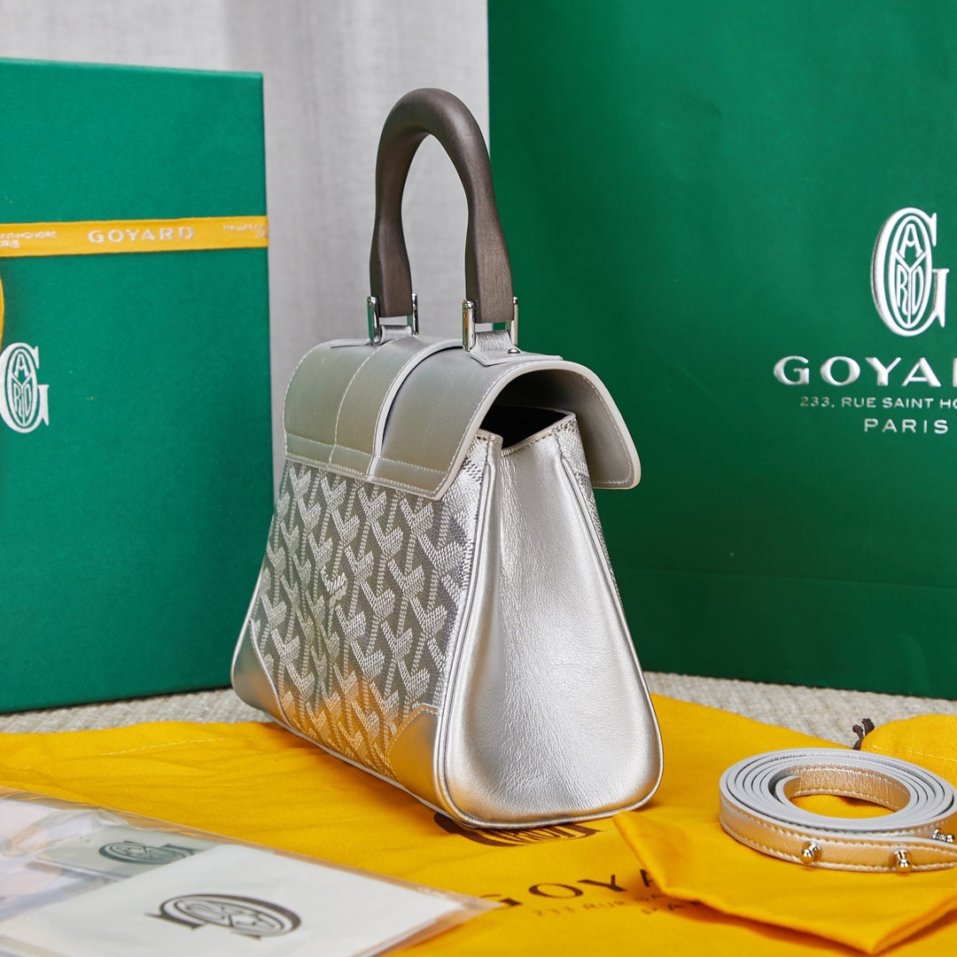 Gogy White Chevron Print Structured Leather Handbag with Top Handle