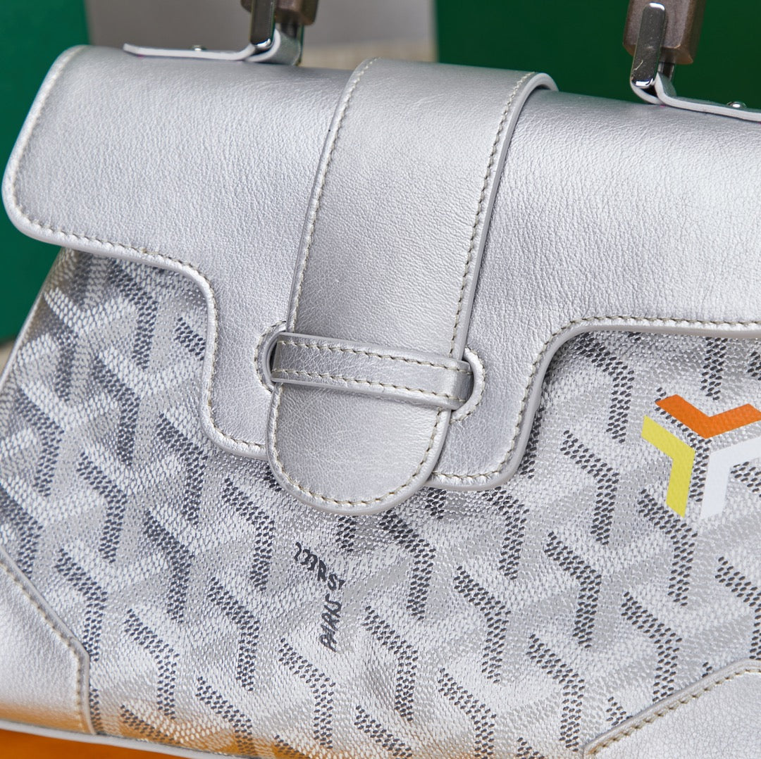 Gogy White Chevron Print Structured Leather Handbag with Top Handle