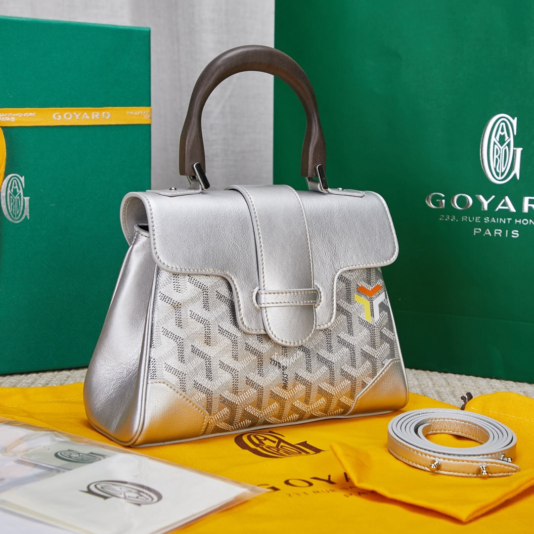 Gogy White Chevron Print Structured Leather Handbag with Top Handle