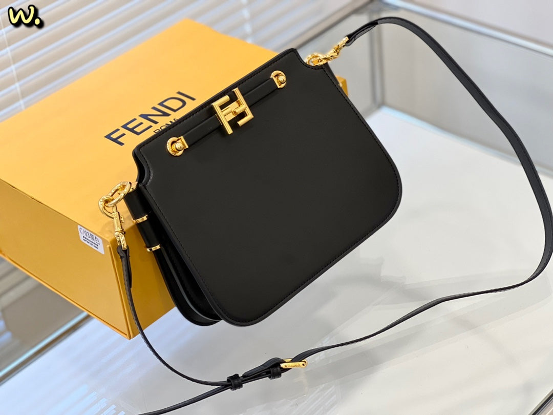 Fendi Black Leather Small Shoulder Bag with Gold-Tone FF Logo