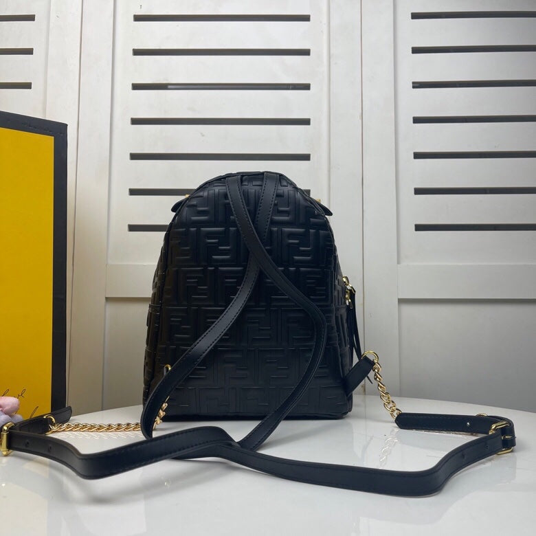 Fendi Black Embossed FF Logo Leather Mini Backpack with Gold-Tone Hardware