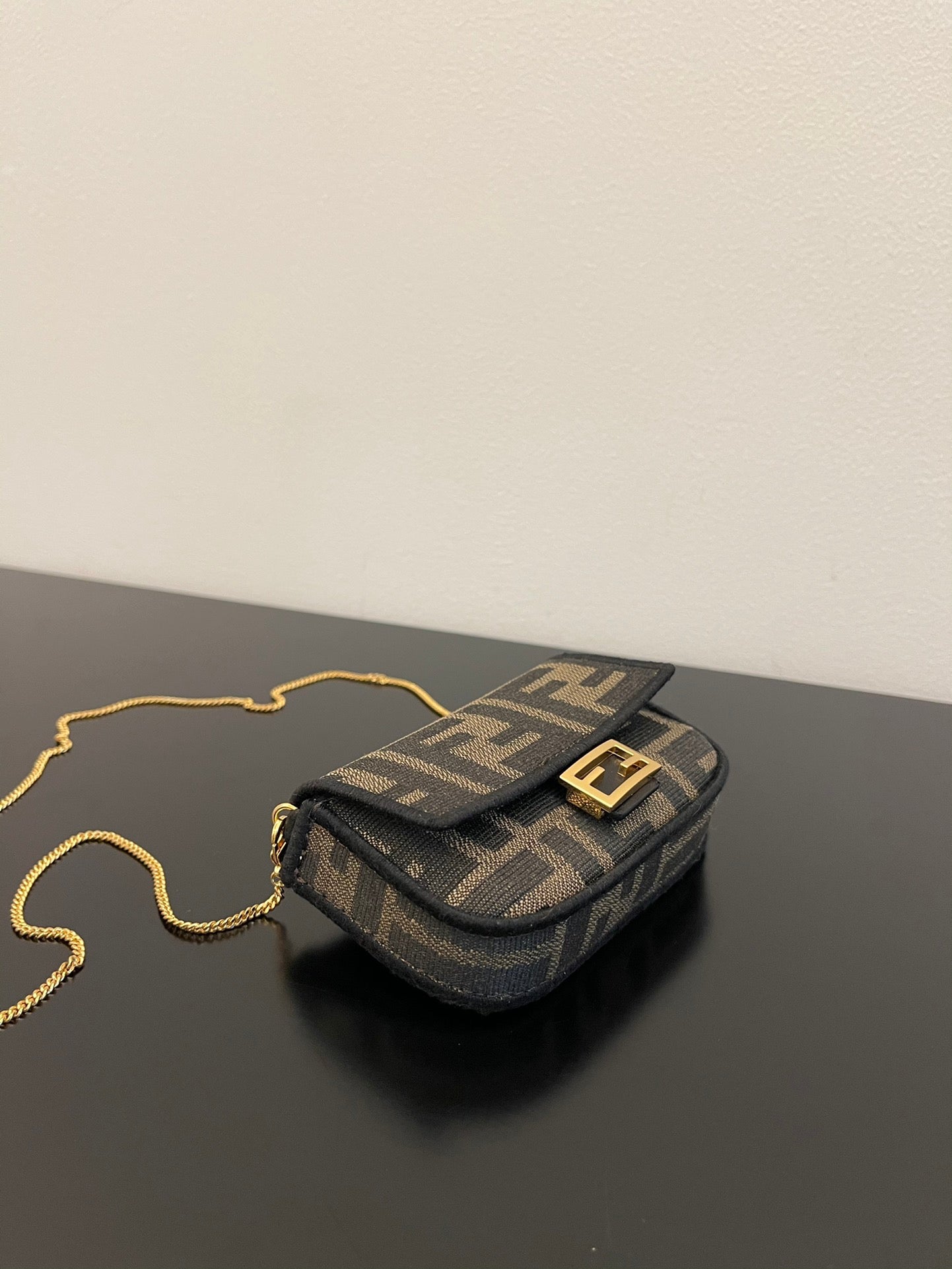 Fendi FF Canvas Nano Baguette Charm with Gold-Tone Ring Handle