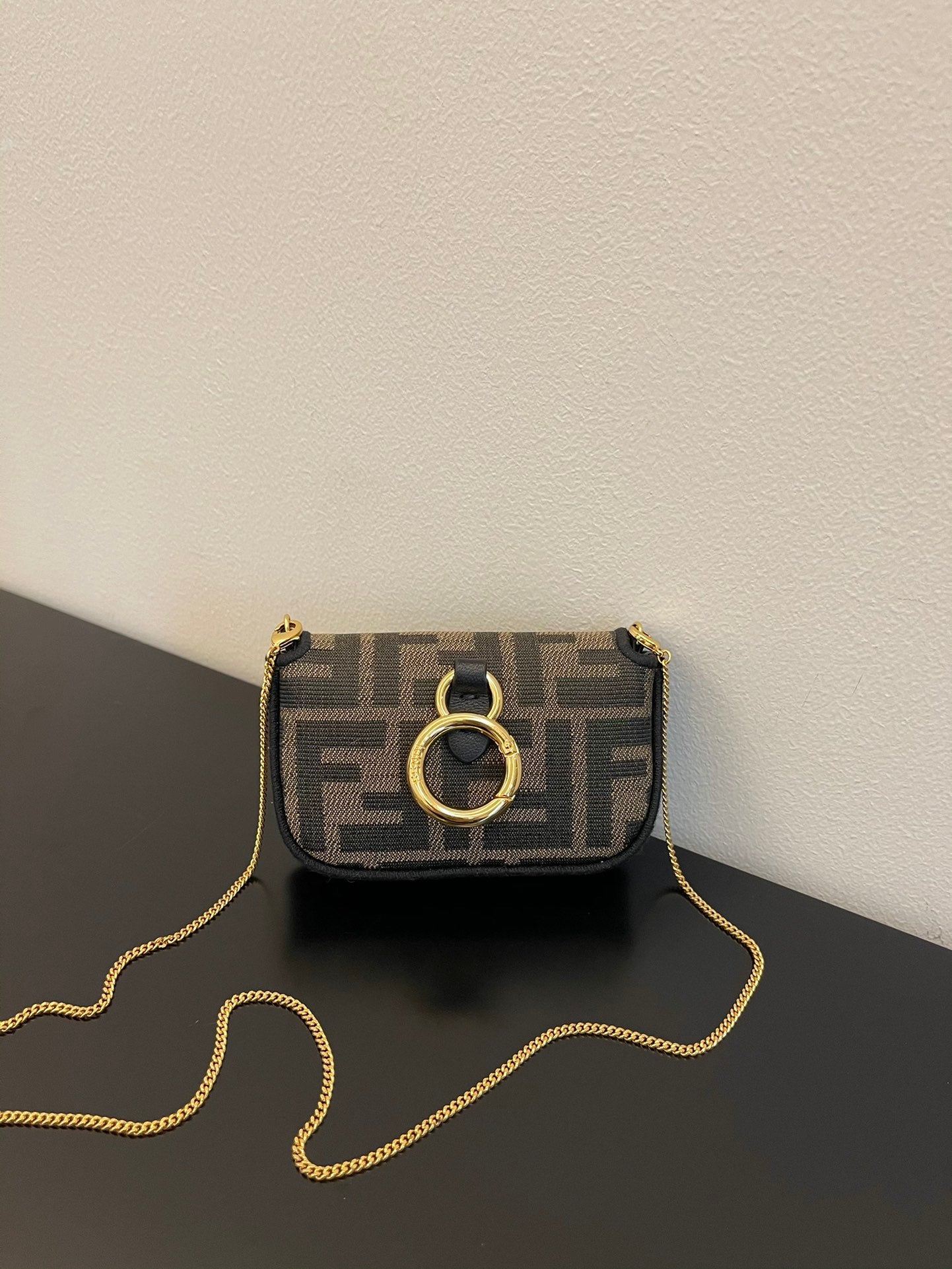 Fendi Nano Baguette Charm in Brown Zucca Canvas with Gold Chain