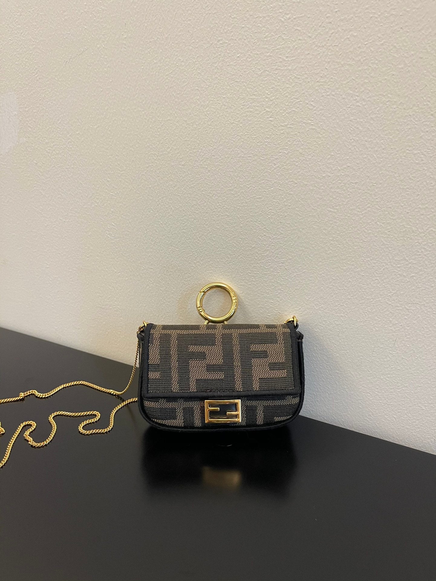 Fendi FF Canvas Nano Baguette Charm with Gold-Tone Ring Handle