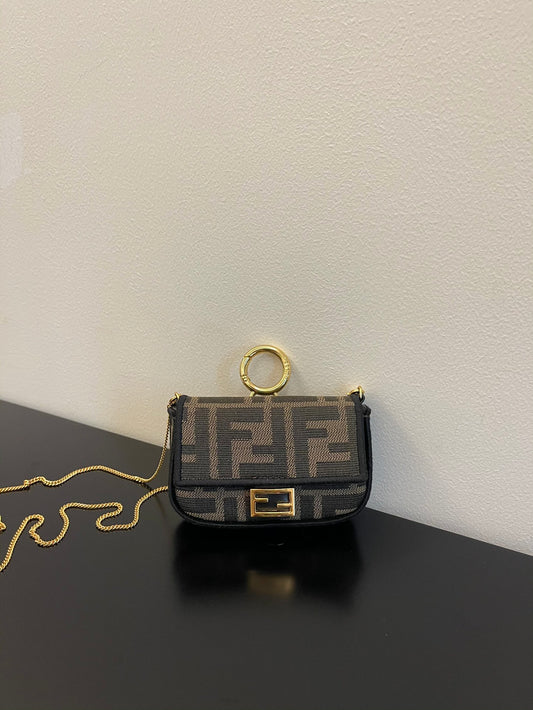 Fendi FF Canvas Nano Baguette Charm with Gold-Tone Ring Handle
