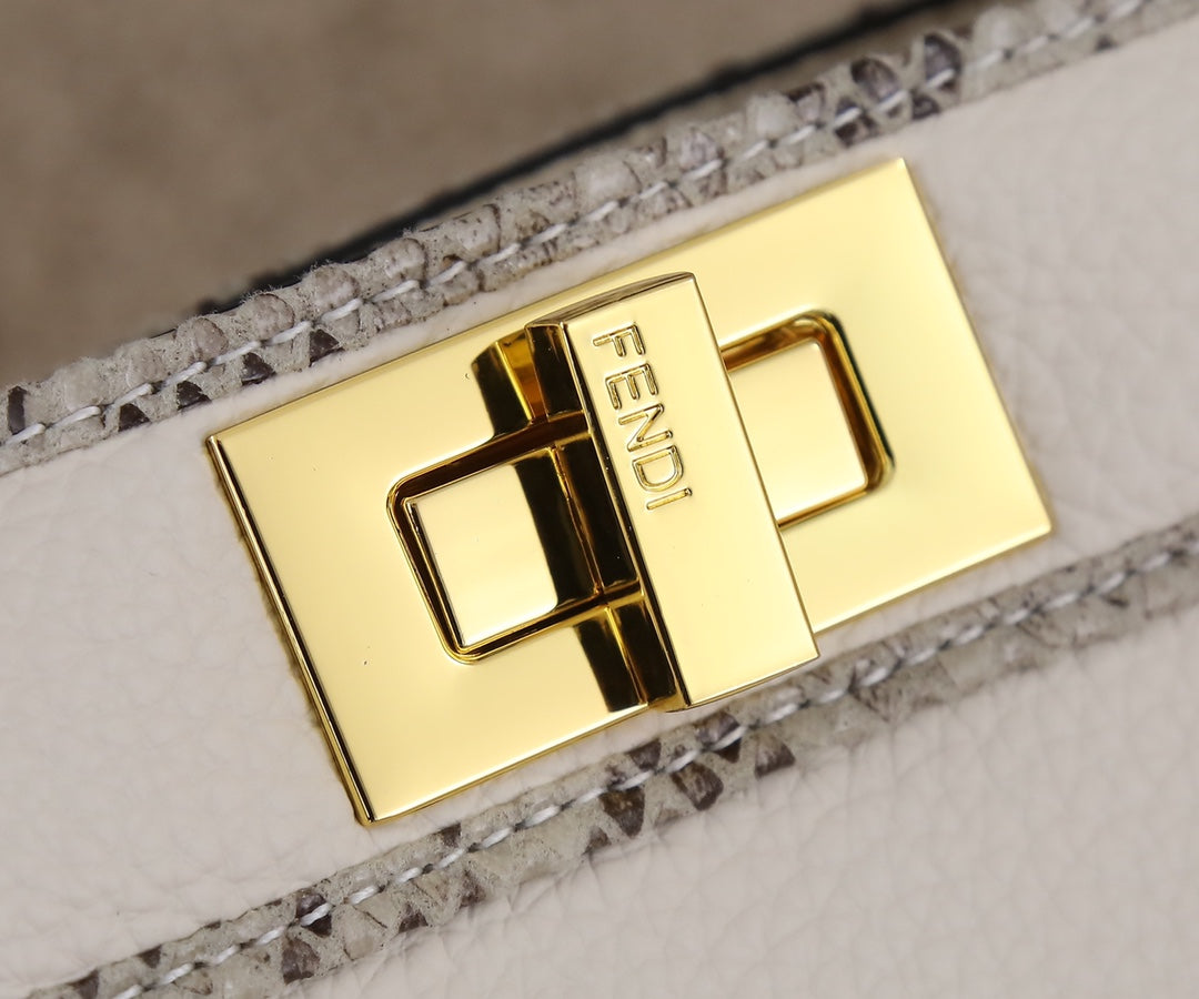 Fendi Peekaboo Small White Leather Handbag with Gold-Tone Hardware