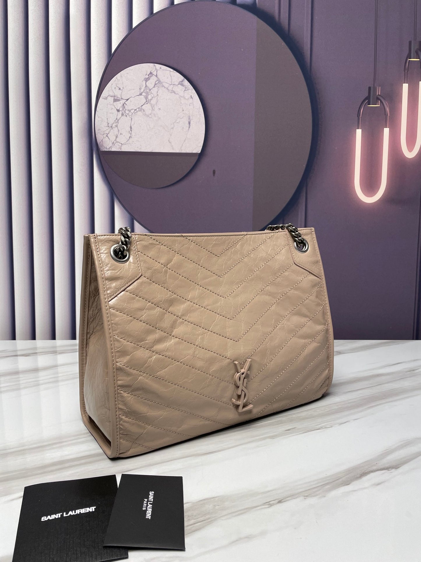 Saint Laurent Niki Medium Shoulder Bag in Crinkled Vintage Leather - Beige