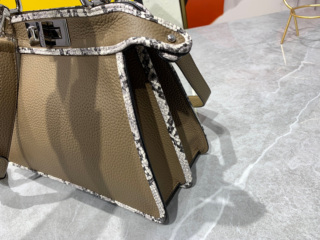 Fendi Peekaboo Iconic Medium Taupe Leather Bag with Snakeskin Trim