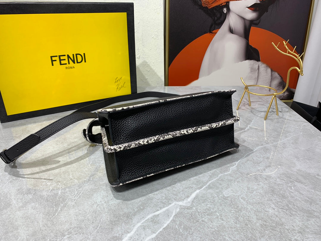Fendi Peekaboo Black Leather Handbag with Snakeskin Trim
