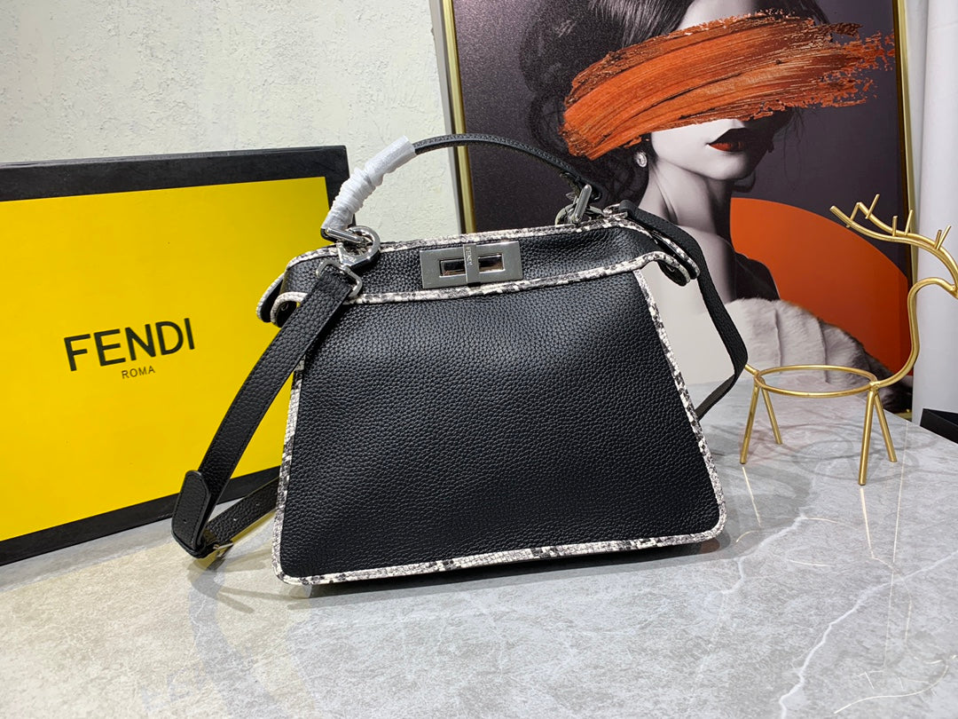 Fendi Peekaboo Iconic Small Black Leather Handbag with FF Motif Trim