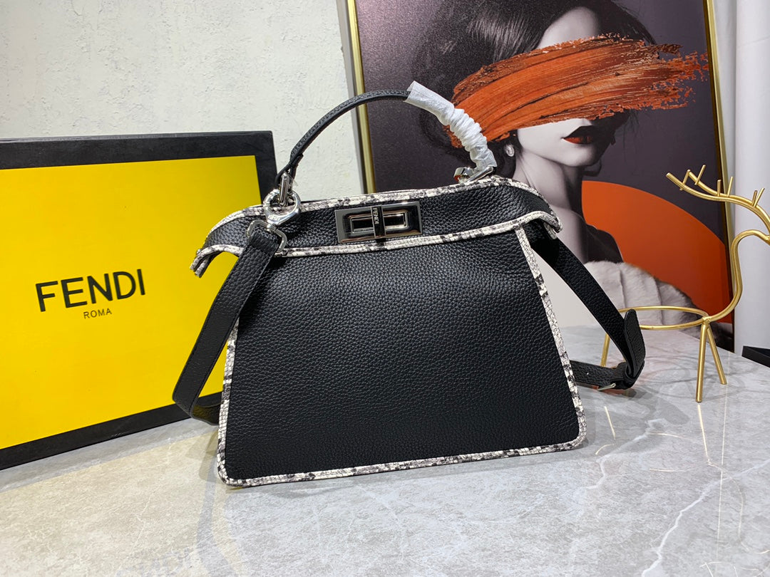 Fendi Peekaboo Black Leather Handbag with Snakeskin Trim
