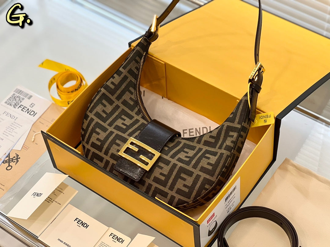 Fendi FF Monogram Canvas Crescent Shoulder Bag with Gold Buckle - Brown