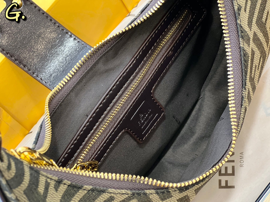Fendi FF Monogram Canvas Crescent Shoulder Bag with Gold Buckle - Brown