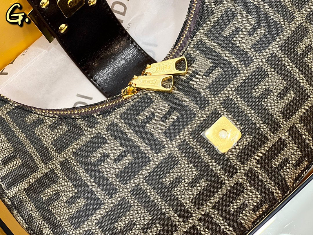 Fendi FF Monogram Canvas Crescent Shoulder Bag with Gold Buckle - Brown