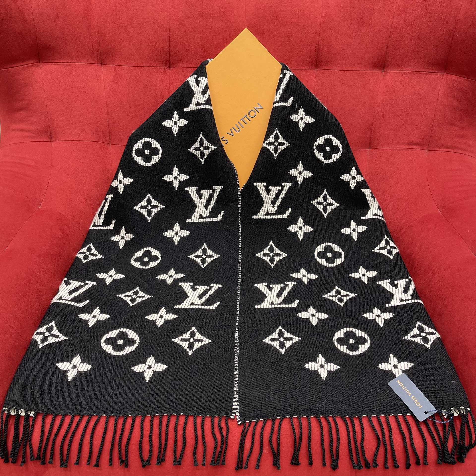 Louis Vuitton Monogram Scarf - Black and White Luxury Winter Scarf with Fringe Detail