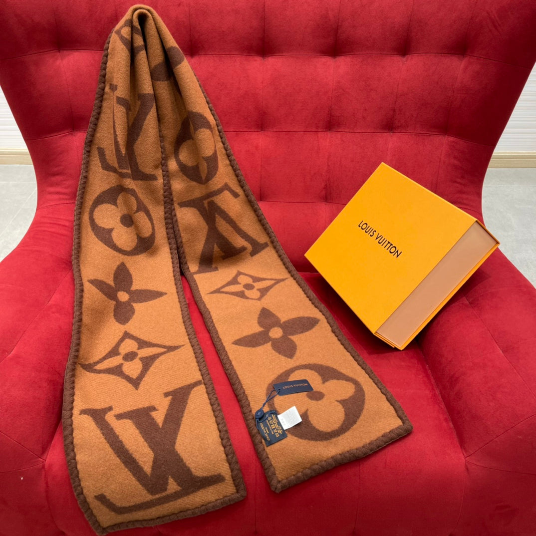 Louis Vuitton Logomania Monogram Scarf - Brown and Tan Designer Wool Blend Winter Scarf