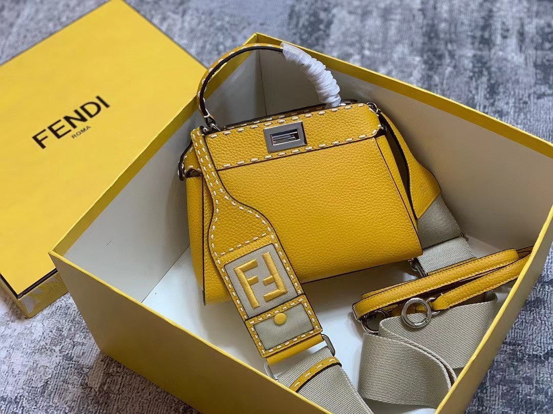Fendi Peekaboo Mini Yellow Leather Handbag with FF Monogram Pouch and Strap