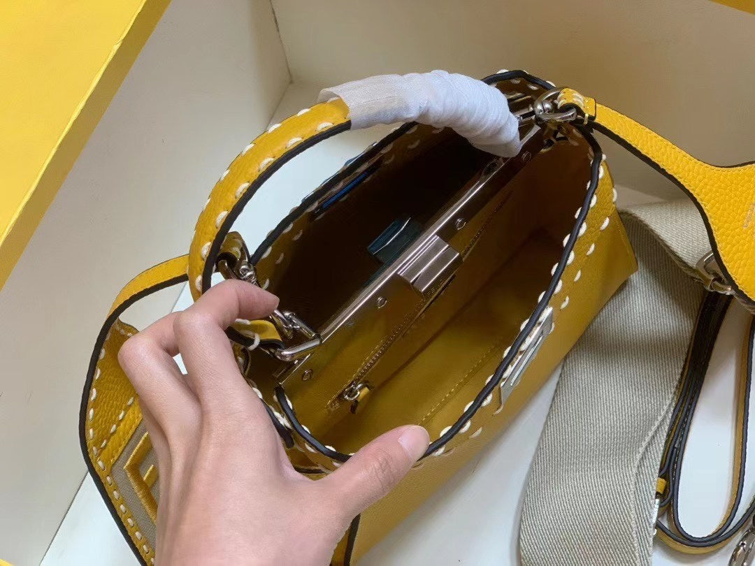 Fendi Peekaboo Mini Yellow Leather Handbag with FF Monogram Pouch and Strap