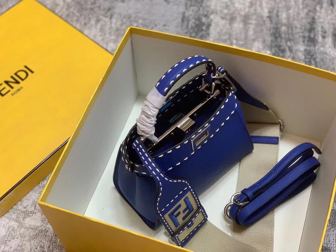 Fendi Peekaboo Iconic Mini Blue Leather Handbag with FF Logo Charm