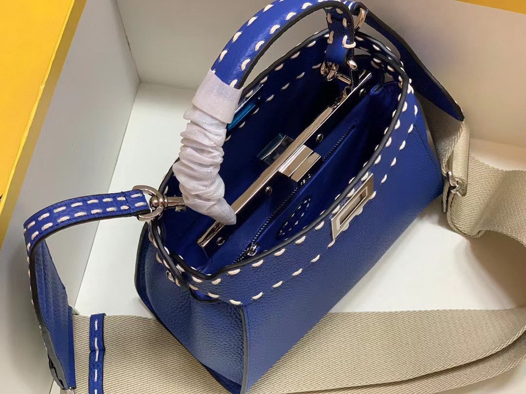 Fendi Electric Blue Leather Handbag with Contrast Stitching and FF Logo Accessory