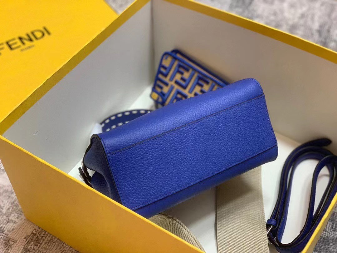 Fendi Peekaboo Iconic Mini Blue Leather Handbag with FF Logo Charm