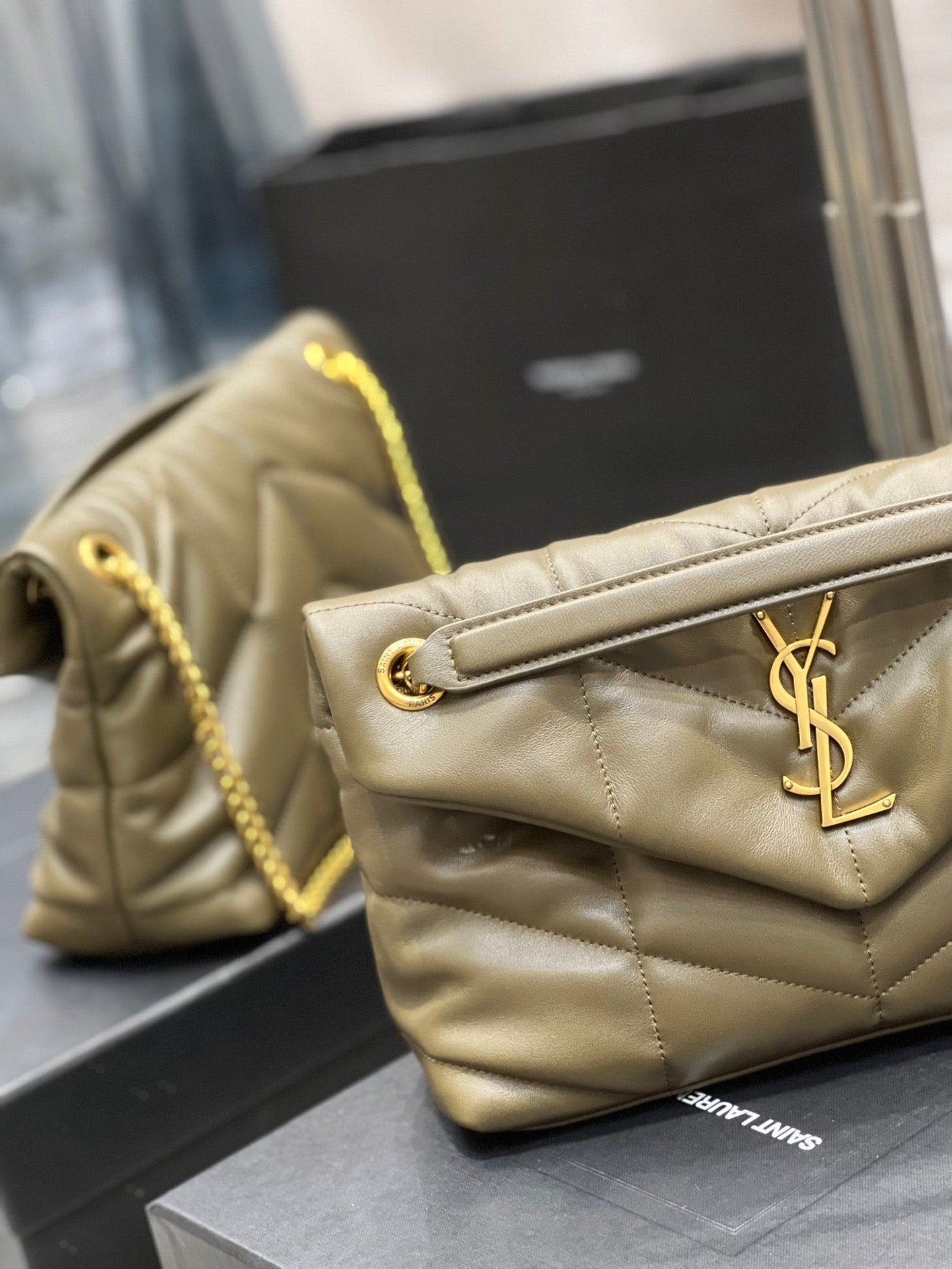 Saint Laurent Small Loulou Puffer Bag in Quilted Lambskin - Olive Green with Gold Hardware