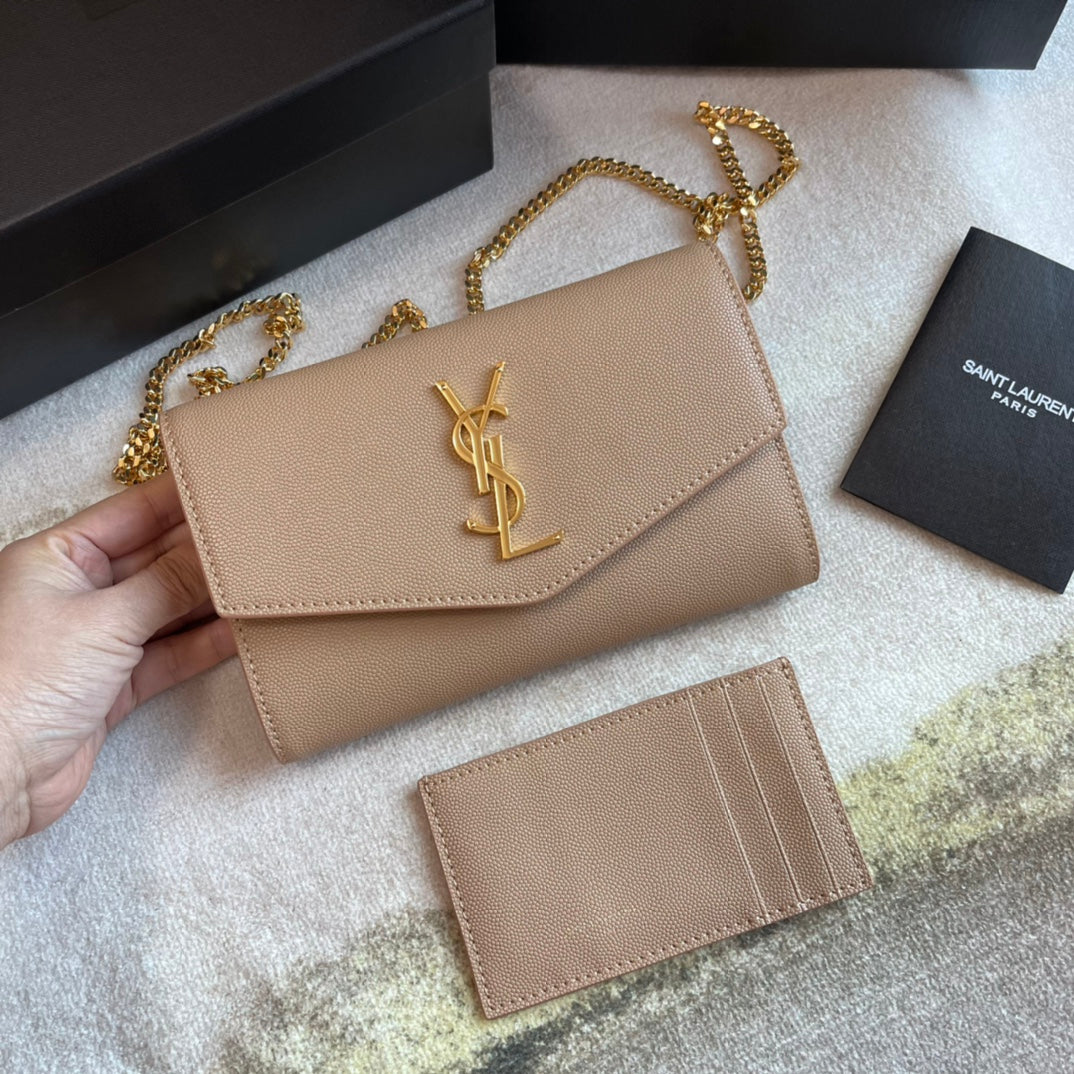 Saint Laurent Uptown Chain Wallet in Beige Leather with Gold-Tone Hardware