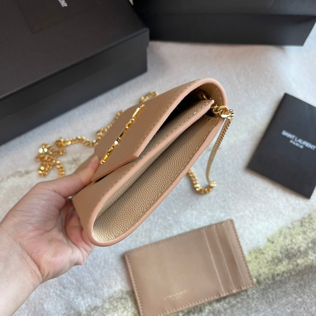 Saint Laurent Uptown Chain Wallet in Beige Leather with Gold-Tone Hardware