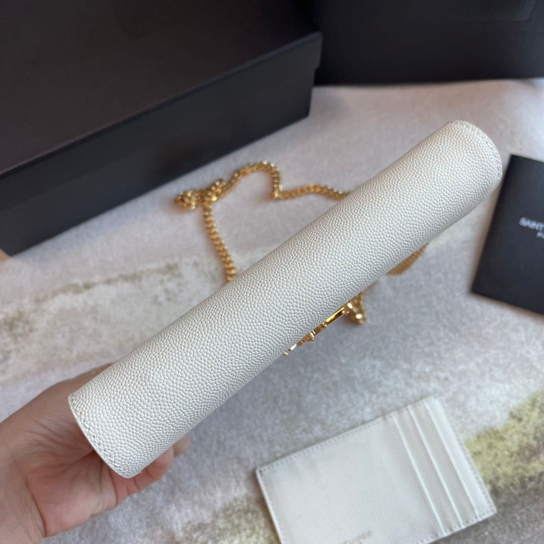 Saint Laurent Cassandre Wallet on Chain in White Leather with Gold Hardware