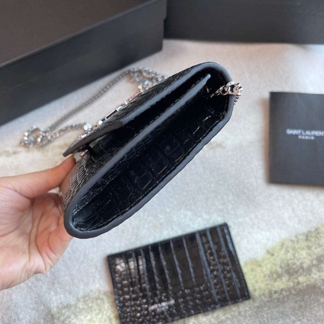 Saint Laurent Cassandre Envelope Chain Wallet in Croc-Embossed Leather - Black