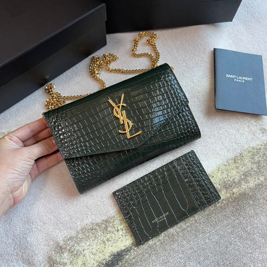 Saint Laurent Monogram Envelope Chain Wallet - Dark Green Crocodile-Embossed Leather