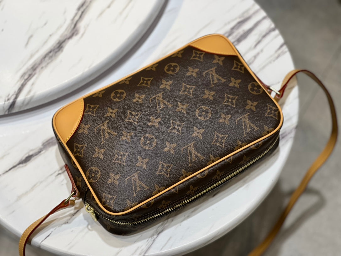Louis Vuitton Vintage Brown Monogram Canvas Crossbody Bag with Leather Trim