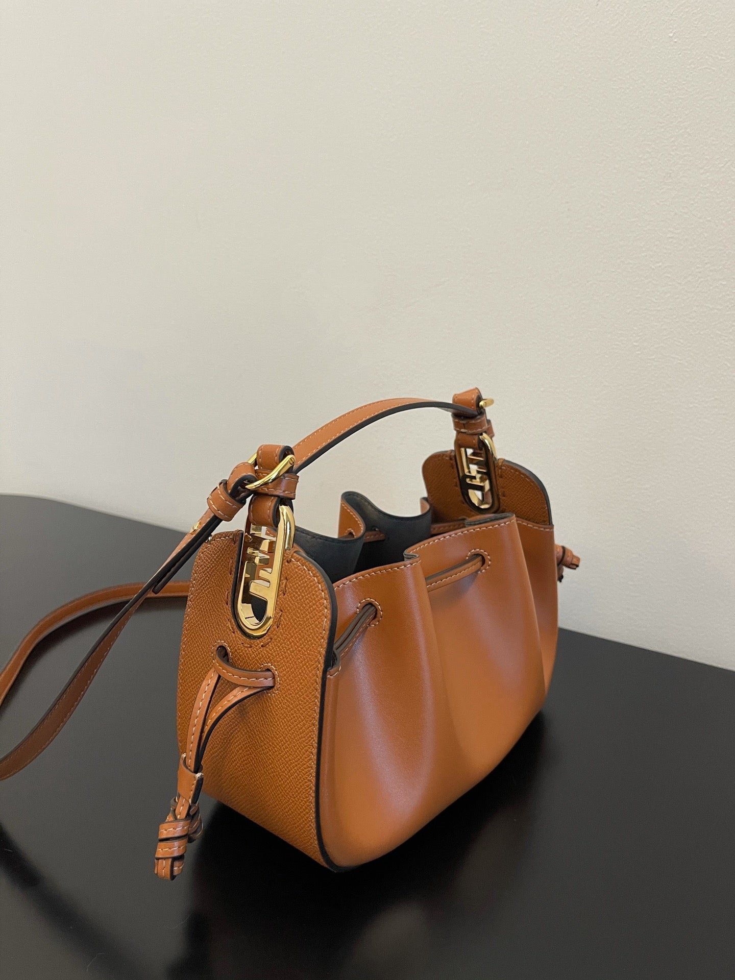 Mini Pleated Leather Drawstring Crossbody Bucket Bag - Tan