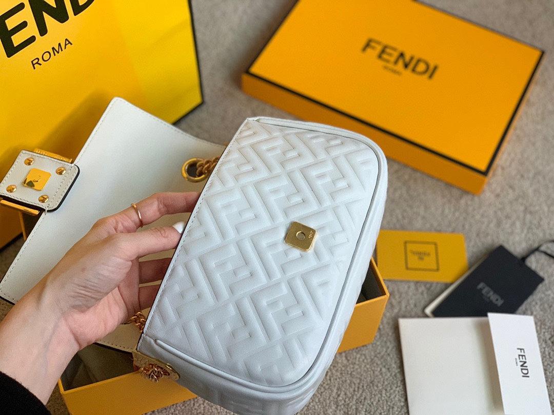 Fendi Baguette White Leather Bag with Embossed FF Logo