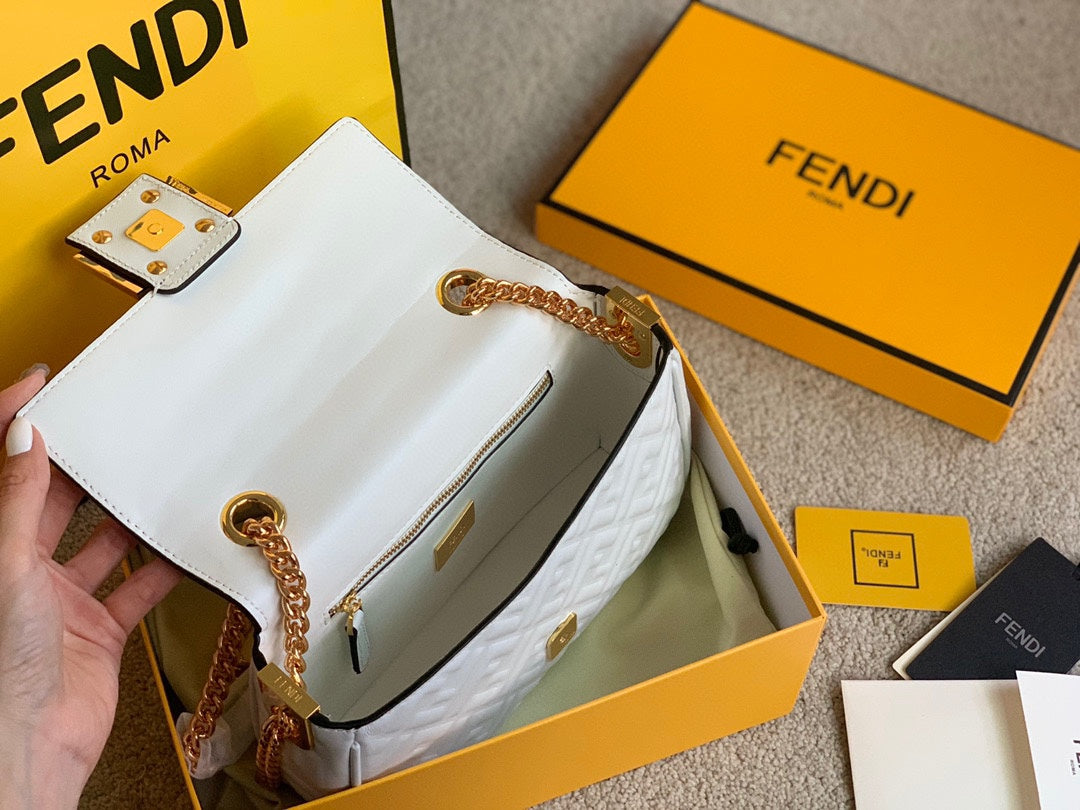 Fendi Baguette White Leather Bag with Embossed FF Logo