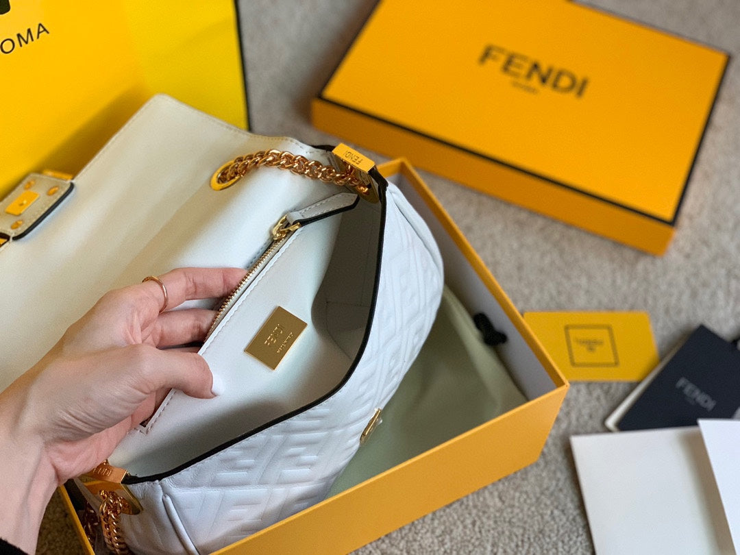 Fendi Baguette White Leather Bag with Embossed FF Logo