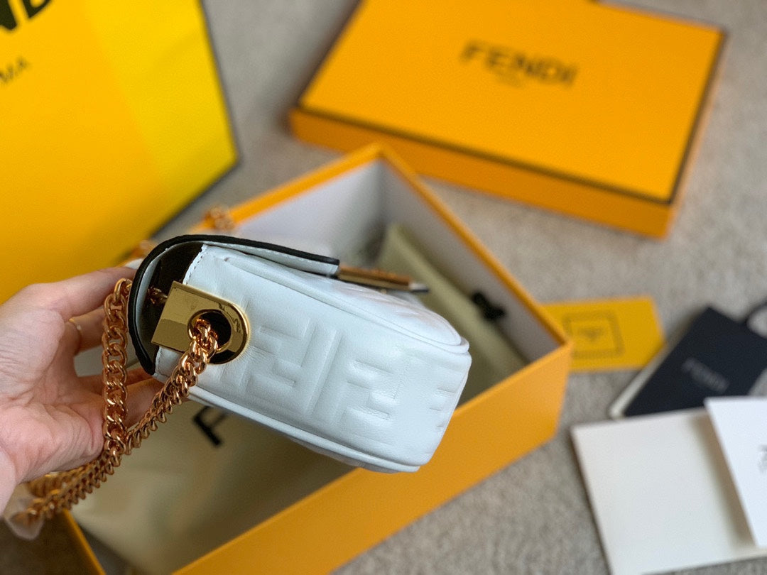 Fendi Baguette White Leather Bag with Embossed FF Logo