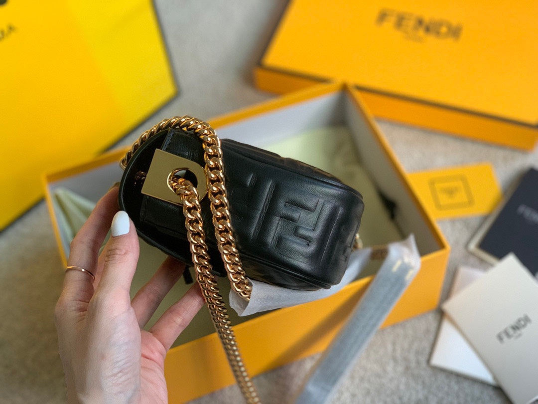 Fendi Baguette Black Embossed FF Leather Shoulder Bag with Gold-Tone Hardware