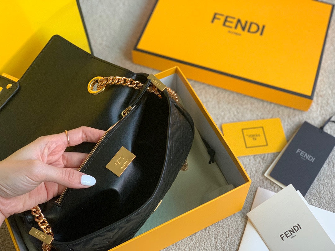 Fendi Black Quilted Nappa Leather Baguette Bag with Gold-Tone FF Logo